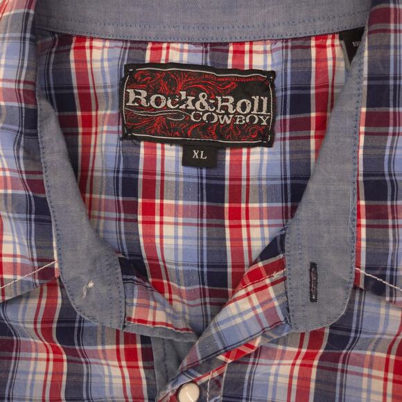 Rock & Roll Cowboy Short Sleeve Button Up T-Shirt Adult Mens Size XL Red Blue - Picture 3 of 9